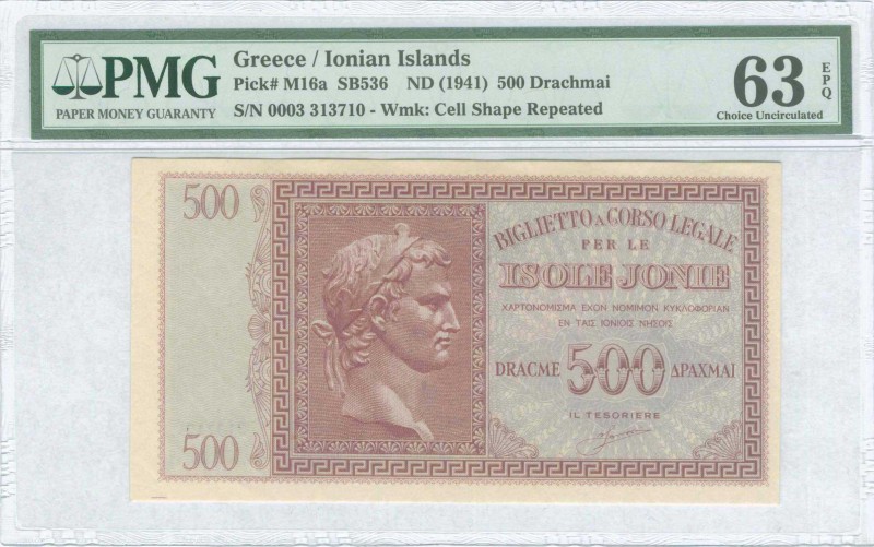 GREECE: 500 Drachmas (ND 1941) by "ISOLE JONIE" in lilac on blue unpt with Ceasa...