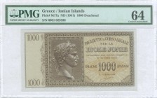 GREECE: 1000 Drachmas (ND 1941) by "ISOLE JONIE" in brown with Ceasars head at left. S/N: "0001 022836". Printed in Italy. Inside plastic holder by PM...
