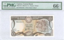 CYPRUS: 1 Pound (1.11.1982) in dark brown and multicolor with mosaic of nymph Acme at right, Arms at top left center and bank name in outlined (white)...
