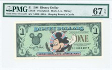 GREECE: DISNEY: 1 Dollar (1998) in green on multicolor unpt with Mickey Mouse at center. S/N: "A00061407A". Inside plastic holder by PMG "Superb Gem U...