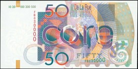 GREECE: Test note of 50 Core (2001) printed by De La Rue for the IBNS 40th anniversary. S/N: "FB030000". WMK: Shell. Uncirculated.