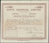 GREECE: "ZANTE OILFIELDS, LIMITED" bond certificate No. 384, for 1000 shares (No 152847-153846), issued in 1931. Cut at left margin.
