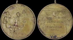GREECE: Bronze medal (1931) designed by Ρ.Μ.(?).Obv: Football players. Rev: Symbols from Egypt with "ΕΜΠΟΡΙΚΟΝ V ΓΥΜΝΑΣΙΟΝ 1931" (probably belonged, t...