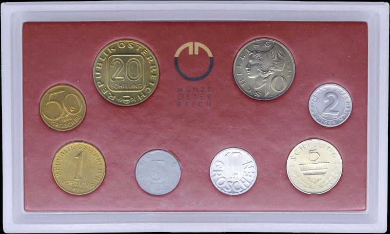 AUSTRIA: Coin set of 8 values, from 2 Groschen to 20 Schilling (1994) in officia...