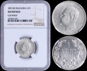 BULGARIA: 1 Lev (1891 KB) in silver (0,835). Obv: Ferdinand I. Rev: Denomination within wreath. Inside slab by NGC "AU DETAILS - CLEANED". (KM 13) & (...
