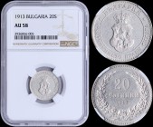 BULGARIA: 20 Stotinki (1913) in copper-nickel. Obv: Crowned arms within circle. Rev: Denomination above date within wreath. Inside slab by NGC "AU 58"...