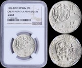 CZECHOSLOVAKIA: 10 Korun (1966) in silver (0,500) commemorating the 1100th anniversary of Great Moravia. Obv: Star above Czech lion with socialist shi...