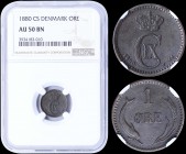 DENMARK: 1 Ore (1880 CS) in bronze. Obv: Crowned monogram. Rev: Denomintaion above porpoise and barley ear. Inside slab by NGC "AU 50 BN". (KM 792.1).