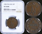 FINLAND: 10 Pennia (1905) in copper. Obv: Crowned monogram. Rev: Denomination and date within wreath. Inside slab by NGC "VF 35 BN". (KM 14).