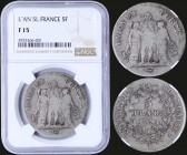 FRANCE: 5 Francs (L An 5 / 1796-97) in silver (0,900). Obv: Hercules group. Rev: Value within oak wreath. Inside slab by NGC "F 15". (KM 639.6).