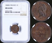 FRANCE: 1 Centime (1848 A) in bronze. Obv: Liberty head. Rev: Denomination. Inside slab by NGC "MS 64 BN". (KM 754).