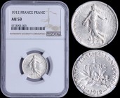 FRANCE: 1 Franc (1912) in silver (0,835). Obv: Figure sowing seed. Rev: Leafy branch divides date and denomination. Inside slab by NGC "AU 53". (KM 84...