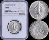FRANCE: 2 Francs (1914) in silver (0,835). Obv: Figure sowing seed. Rev: Leafy branch divides date and denomination. Inside slab by NGC "AU 53". (KM 8...