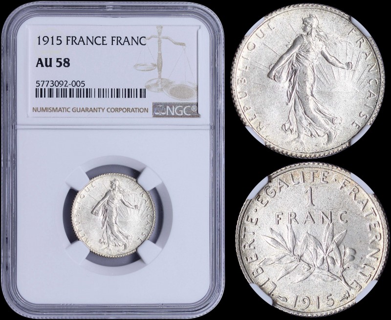 FRANCE: 1 Franc (1915) in silver (0,835). Obv: Figure sowing seed. Rev: Leafy br...