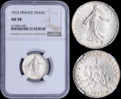 FRANCE: 1 Franc (1915) in silver (0,835). Obv: Figure sowing seed. Rev: Leafy branch divides date and denomination. Inside slab by NGC "AU 58". (KM 84...