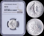 FRANCE: 1 Franc (1918) in silver (0,835). Obv: Figure sowing seed. Rev: Leafy branch divides date and denomination. Inside slab by NGC "AU 53". (KM 84...