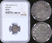GERMAN STATES / BAVARIA: 3 Kreuzer (1865) in silver (0,350). Obv: Crowned arms. Rev: Denomination, date within wreath. Inside slab by NGC "MS 64". (KM...