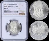 GERMANY: 5 Mark (1977 J) in silver (0,625) commemorating the 200th Anniversary of birth of Carl Friedrich Gauss. Obv: Carl Friedrich Gauss. Rev: Eagle...