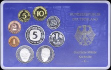 GERMANY: Coin set of 9 pieces from 1 Pfennig to 5 Marks (1988 G) inside official case by Staatliche Munze Karlsruhe. Proof.