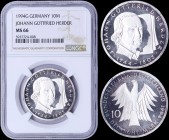 GERMANY: 10 Mark (1994 G) in silver (0,625) commemorating the 250th Birth Anniversary of Johann Gottrfried Herder. Obv: Head of Johann Gottfried Herde...