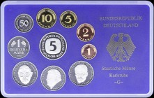 GERMANY: Coin set of 10 coins from 1 Pfeninig to 5 Mark (2000 G). Inside official case by Saatliche Munze Karlsruhe. Proof.