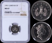 GREAT BRITAIN: 5 Pence (1991) in copper-nickel. Obv: Crowned head of Queen Elizabeth II. Rev: Crowned thistle. Inside slab by NGC "MS 67". Top grade i...