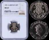 GREAT BRITAIN: 20 Pence (1991) in copper-nickel. Obv: Crowned head of Queen Elizabeth II. Rev: Crowned rose, date and value. Inside slab by NGC "MS 67...