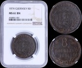 GUERNSEY: 8 Doubles (1874) in bronze. Obv: National arms within 3/4 wreath. Rev: Value, date within wreath. Inside slab by NGC "MS 61 BN". (KM 7).
