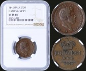 ITALIAN STATES / NAPLES & SICILY: 2 Tornesi (1842) in copper. Obv: Head of Ferdinando II. Rev: Large crown over two line inscription, medium letters, ...