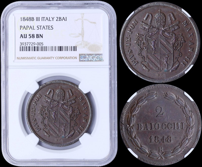 ITALIAN STATES / PAPAL STATES: 2 Baiocchi (1848R III) in copper. Obv: Legend aro...