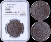 ITALIAN STATES / PAPAL STATES: 2 Baiocchi (1848R III) in copper. Obv: Legend around Papal arms. Rev: Value and date within wreath. Inside slab by NGC ...