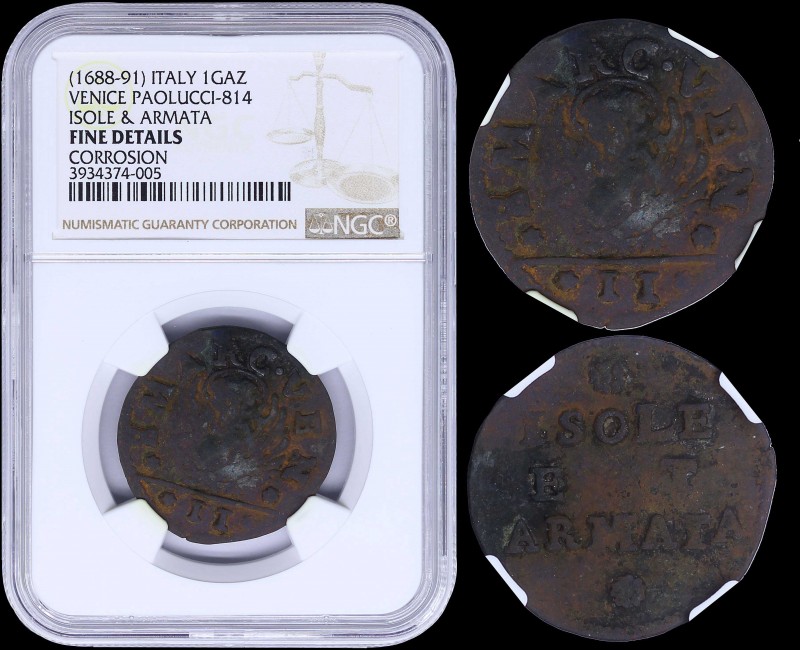 ITALIAN STATES / VENICE: 1 Gazzetta (1688-91) in copper. Obv: Lion of St Marco. ...