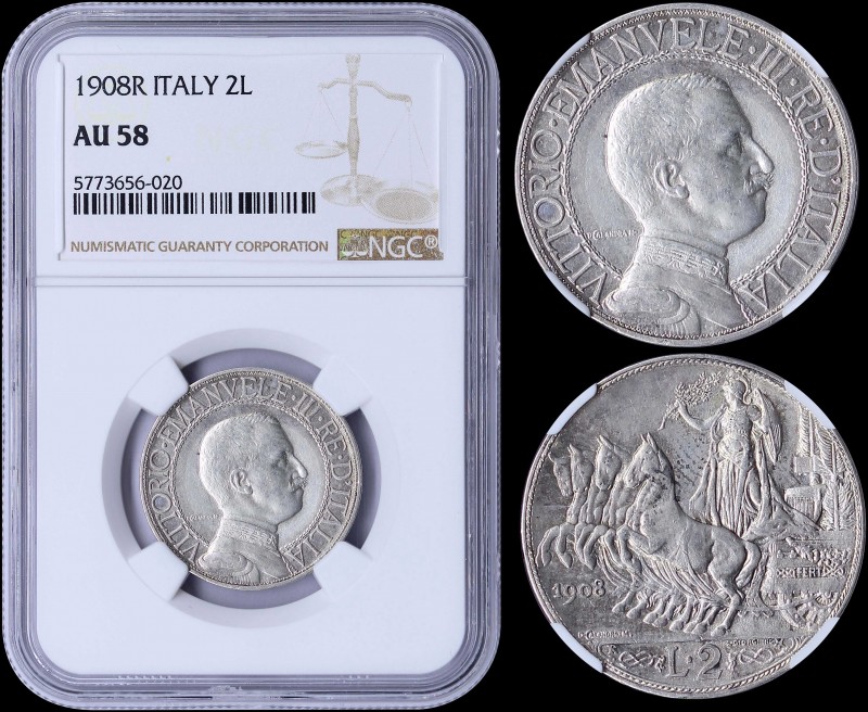 ITALY: 2 Lire (1908 R) in silver (0,835). Obv: Bust of Vittorio Emanuele. Rev: Q...