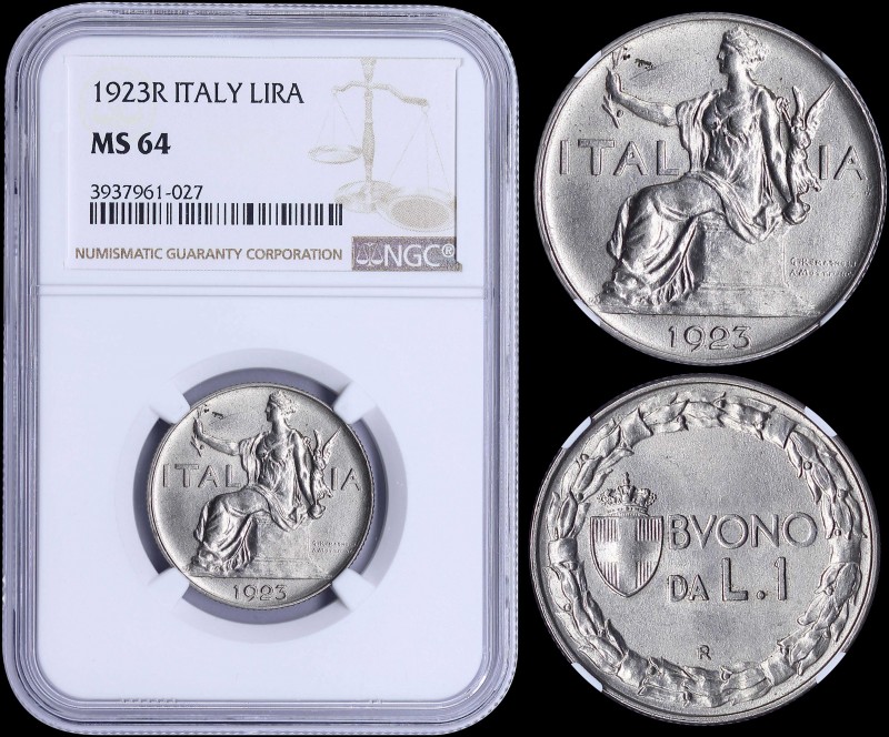 ITALY: 1 Lira (1923 R) in nickel. Obv: Personification of Italia seated. Rev: Cr...