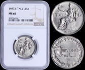 ITALY: 1 Lira (1923 R) in nickel. Obv: Personification of Italia seated. Rev: Crowned Savoy shield and value within wreath. Inside slab by NGC "MS 64"...