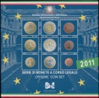 ITALY: Official Euro coin set from 1 Cent to 2 Euro + 2 Euro commemorating the 150th anniversary of the united Italy (9 pieces) all in 2011 official b...