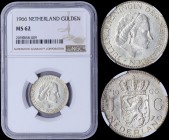 NETHERLANDS: 1 Gulden (1966) in silver (0,720). Obv: Head of Juliana. Rev: Crowned arms divide date. Inside slab by NGC "MS 62". (KM 184).