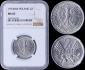 POLAND: 2 Zlote (1974 MW) in aluminum. Obv: Eagle with wings open. Rev: Value above design and fruit. Inside slab by NGC "MS 62". (Y# 46).