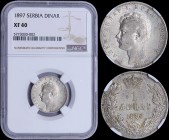 SERBIA: 1 Dinar (1897) in silver (0,835). Obv: Head of Alexander I. Rev: Value, date within crowned wreath. Inside slab by NGC "XF 40". (KM 21).