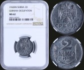 SERBIA: 2 Dinara (1942 BN) in zinc. Obv: Double headed eagle. Rev: Value and date within oat sprigs. German occupation. Inside slab by NGC "MS 62". (K...