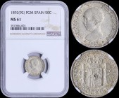 SPAIN: 50 Centimos {1892(92) PGM} in silver (0,835). Obv: Young head of Alfonso XIII. Rev: Crowned arms, pillars, value below. Inside slab by NGC "MS ...