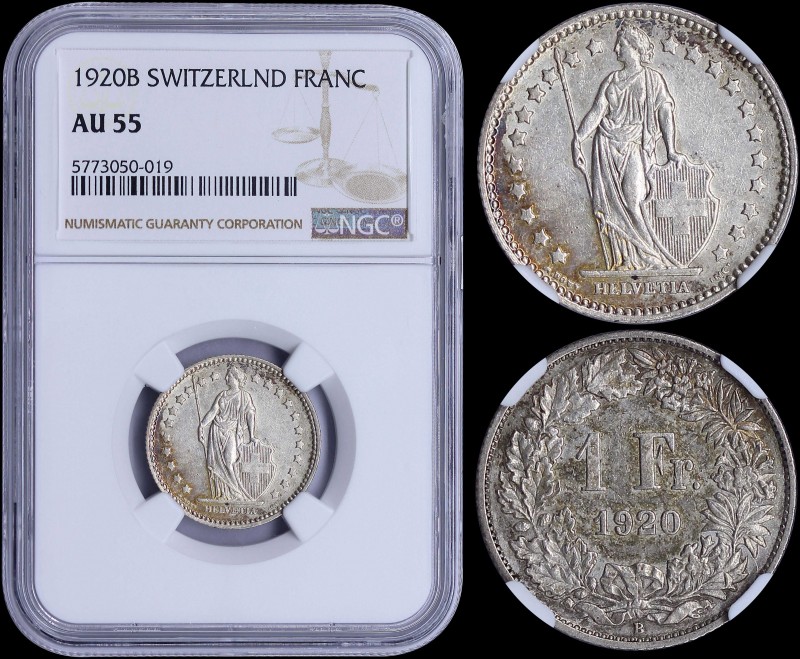SWITZERLAND: 1 Franc (1920 B) in silver (0,835). Obv: Standing Helvetia with lan...