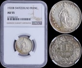 SWITZERLAND: 1 Franc (1920 B) in silver (0,835). Obv: Standing Helvetia with lance and shield within star border. Rev: Value, date within wreath. Insi...