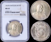 SWITZERLAND: 5 Francs (1967 B) in silver (0,835). Obv: Head of William Tell. Rev: Shield flanked by sprigs. Inside slab by NGC "MS 63". (KM 40).