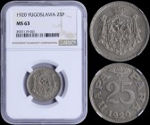 YUGOSLAVIA: 25 Para (1920) in nickel-bronze. Obv: Crowned and mantled arms on shield. Rev: Denomination above date. Inside slab by NGC "MS 63". (KM 3)...