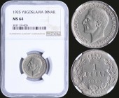 YUGOSLAVIA: 1 Dinar (1925) in nickel-bronze. Obv: Head of ALexander I. Rev: Denomination and date within wreath. Inside slab by NGC "MS 64". (KM 5).