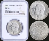 YUGOSLAVIA: 20 Dinara (1931) in silver (0,500). Obv: Head of Alexander I. Rev: Crowned double eagle with shield on breast. Inside slab by NGC "AU 58"....
