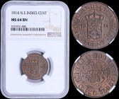NETHERLANDS EAST INDIES: 1 Cent (1914) in bronze. Obv: Crowned arms divide date within circle. Rev: Inscription and value within circle. Inside slab b...