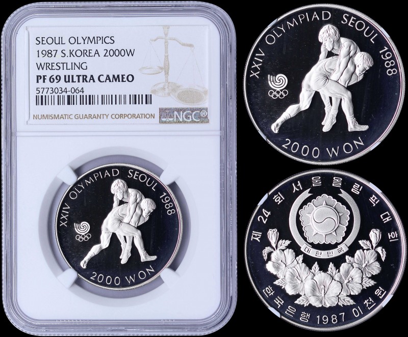 SOUTH KOREA: 2000 Won (1987) in nickel from 1988 Olympics Series. Obv: Arms abov...