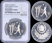 SOUTH KOREA: 10000 Won (1987) in silver (0,925) from 1988 Olympic Series. Obv: Arms above floral spray. Rev: Volleyball game. Inside slab by NGC "PF 6...